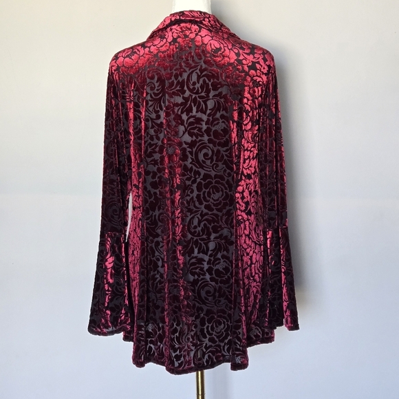 Ultra Pink Velvet Burnout Fairy Witchy Gothic Edgy Button Down  Flare Sleeve Top - Picture 14 of 15